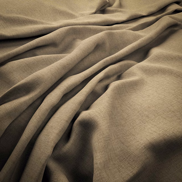 Warm taupe plain-weave fabric arranged in deep, softly lit flowing folds