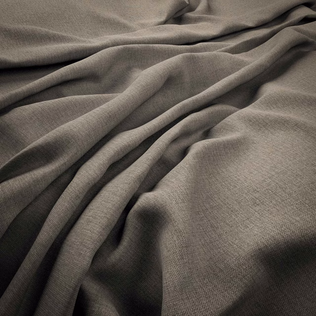 Draped mushroom taupe fabric showing fine crosshatch weave and deep fluid folds