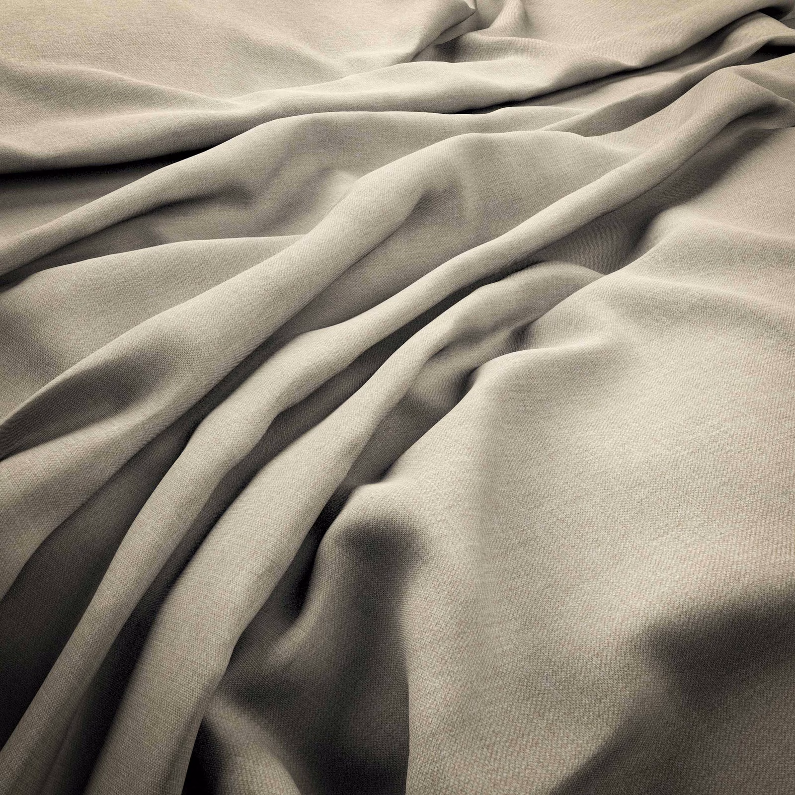Oyster greige fine-weave fabric gathered into fluid, shadowed folds
