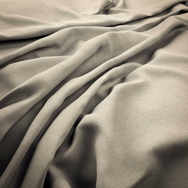 Oyster greige fine-weave fabric gathered into fluid, shadowed folds