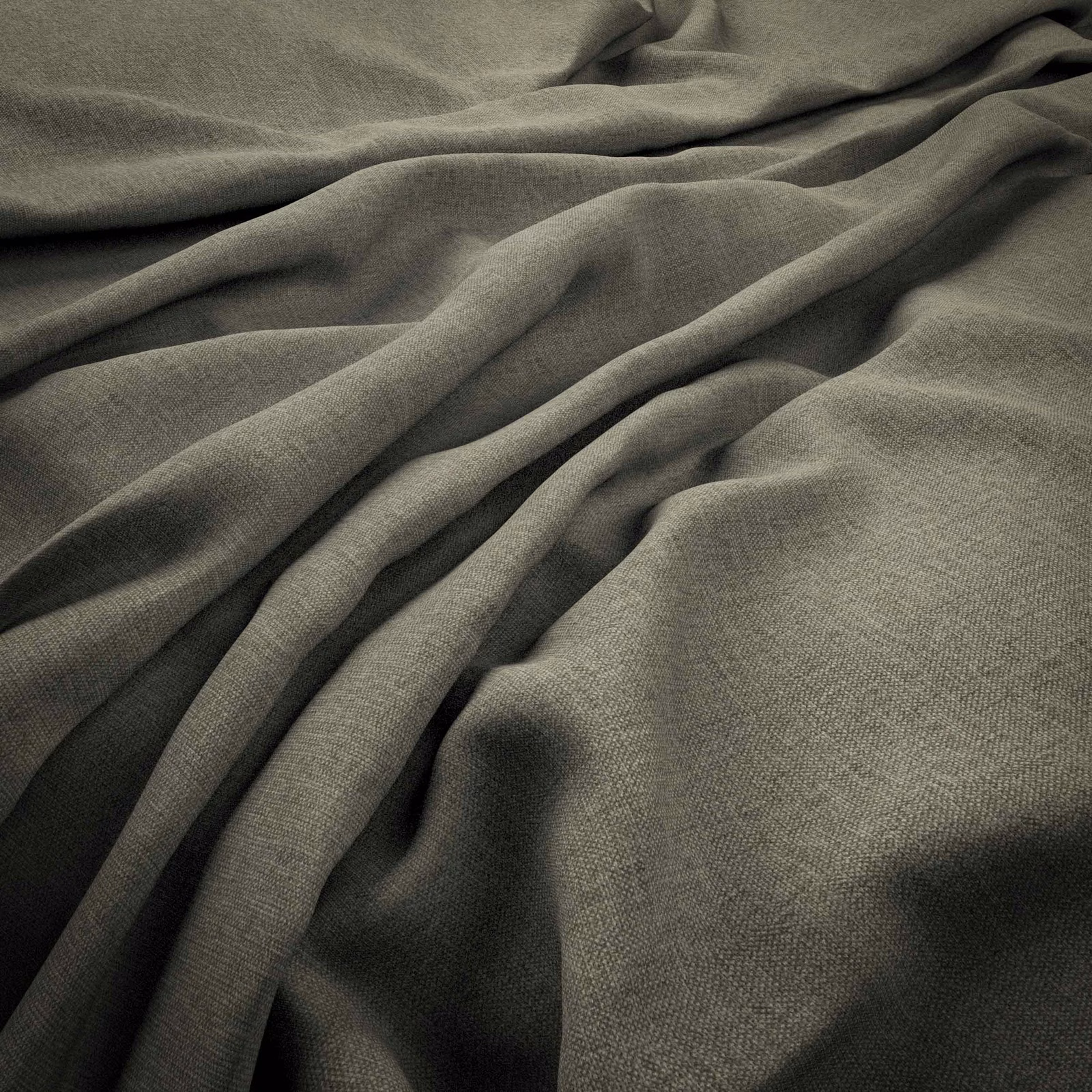 Close view of muted pewter-grey fabric with fine woven texture in soft folds