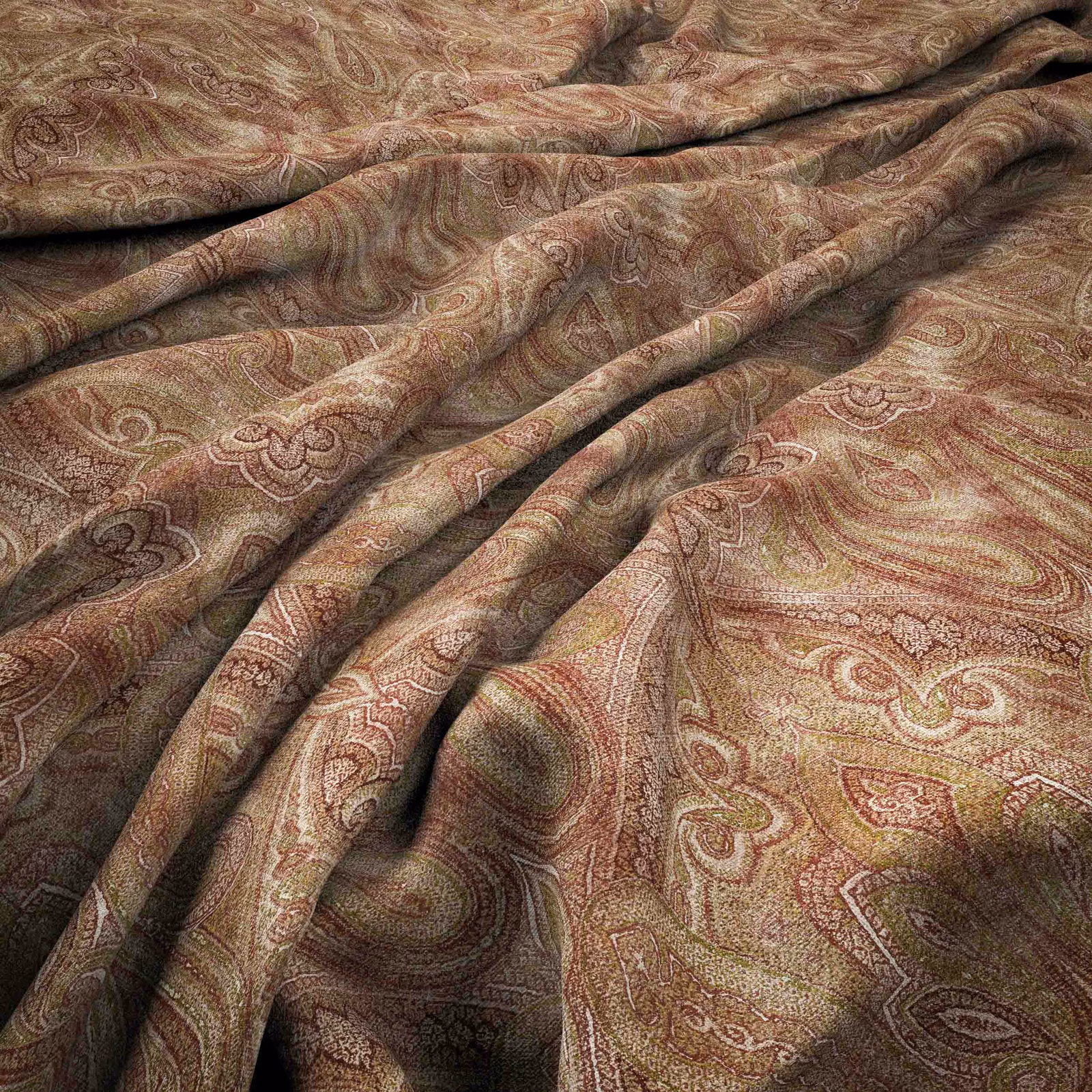 Muted antique paisley textile in taupe, olive, russet and cream with soft folds