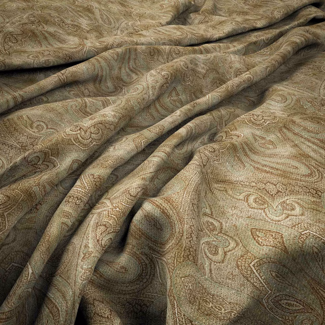 Olive-taupe paisley textile with brown detailing and softly folded textured surface