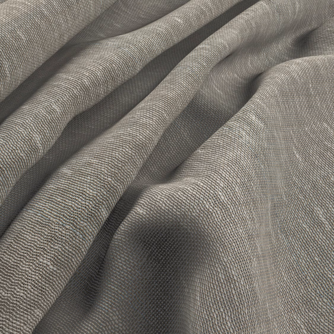 Warm flax-grey woven fabric gathered into soft folds with fine rippled texture