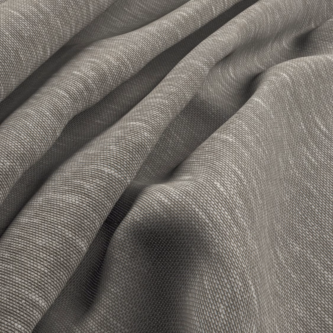 Close-up of softly smoky grey woven fabric with fine crosshatched texture and deep folds