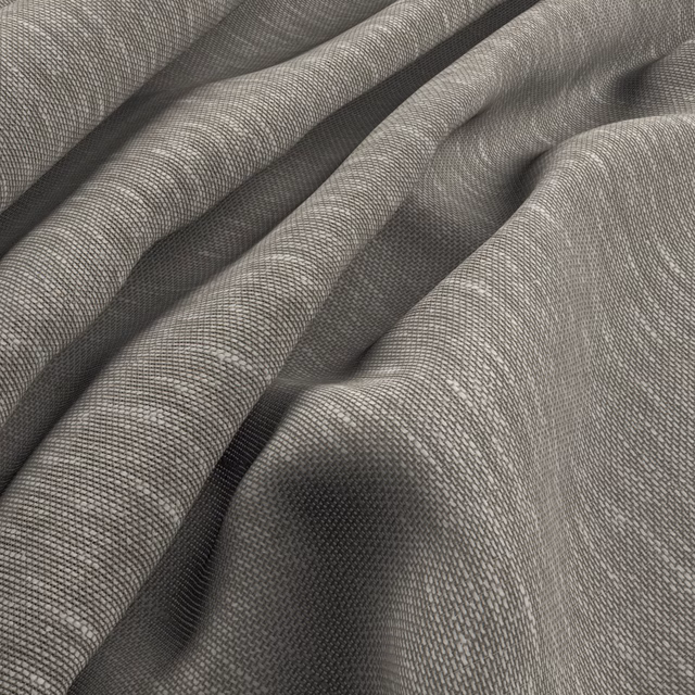 Close-up of softly smoky grey woven fabric with fine crosshatched texture and deep folds