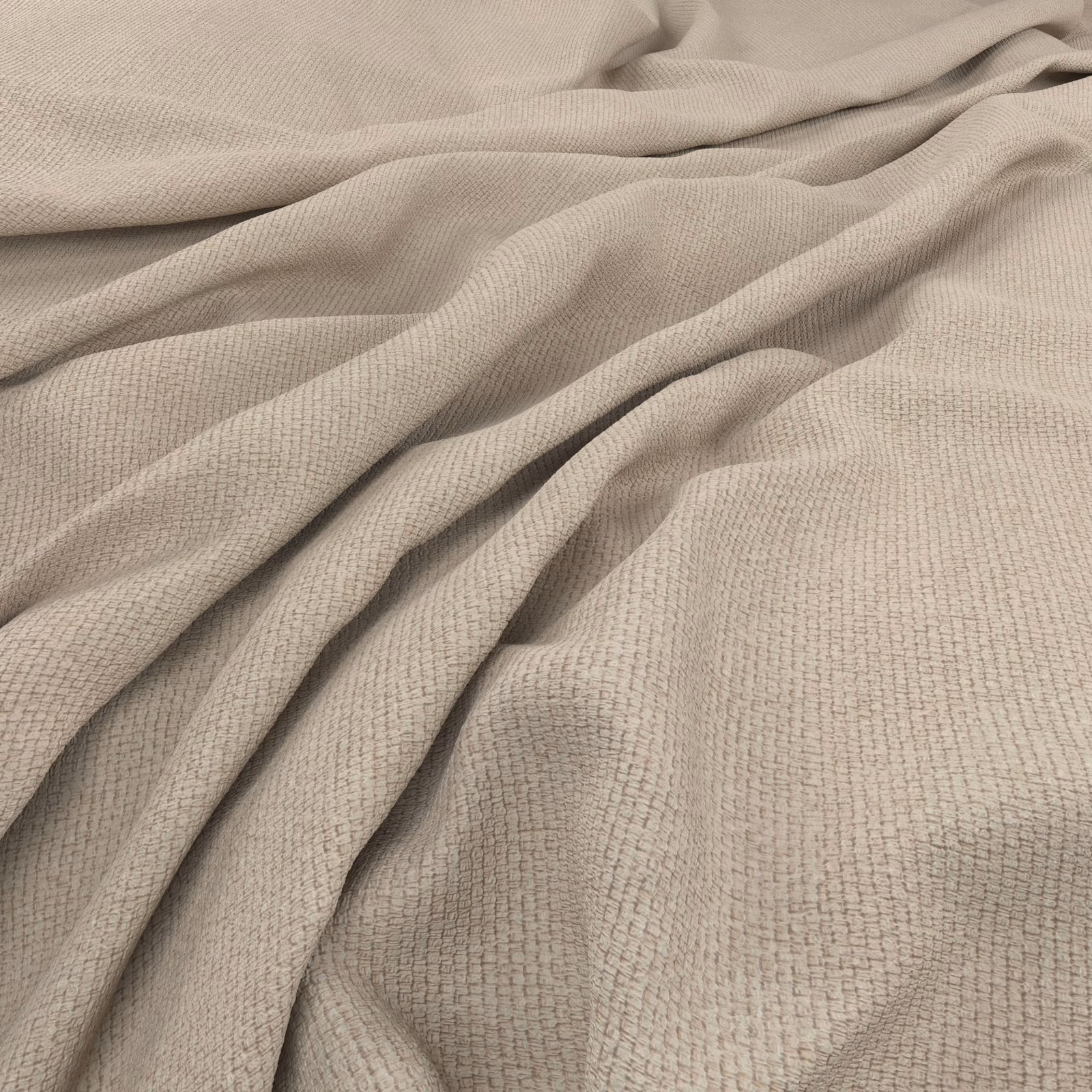 Warm taupe Saga Balm fabric showing a fine grid weave in soft folds