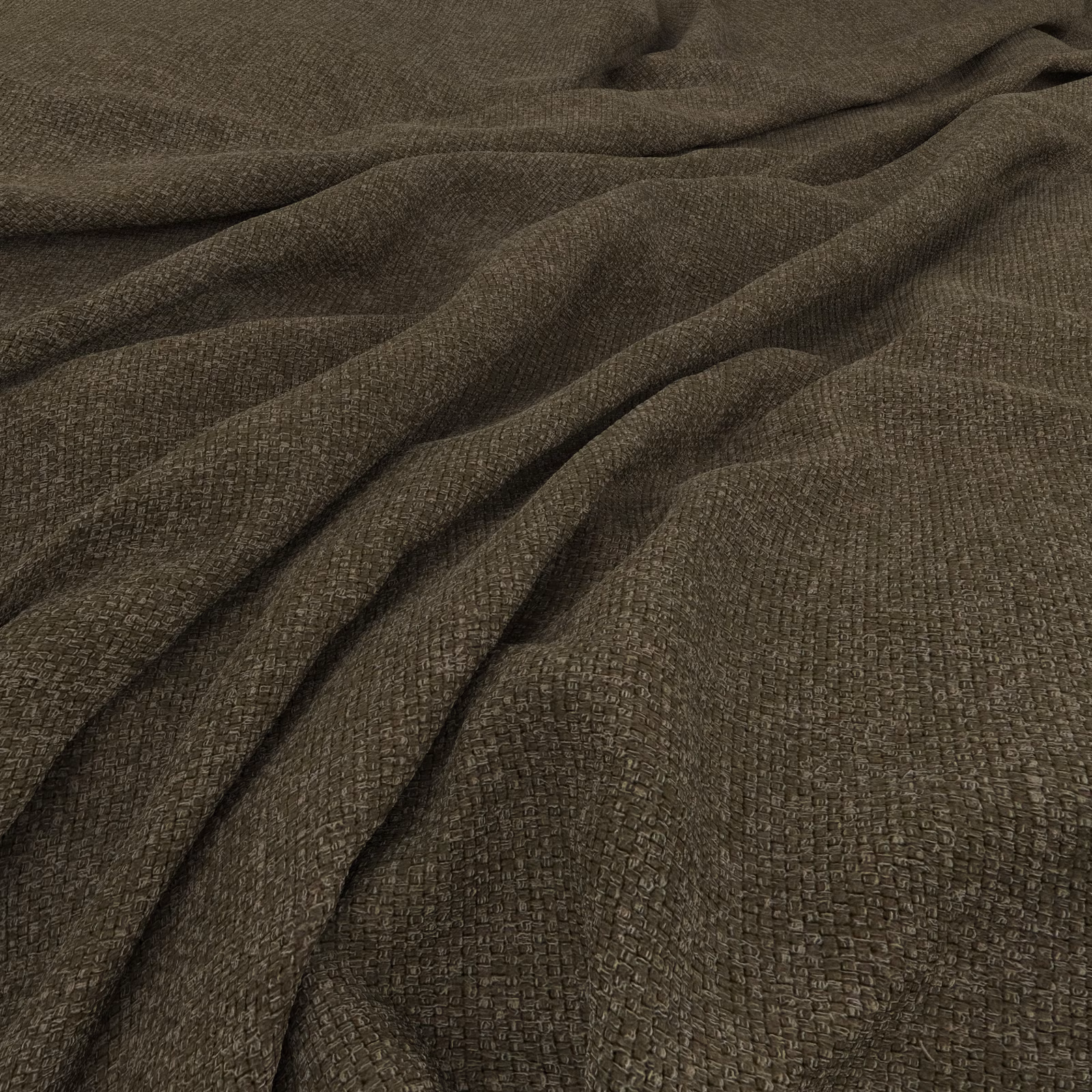 Dark olive-brown woven textile with fine grid texture and softly gathered folds