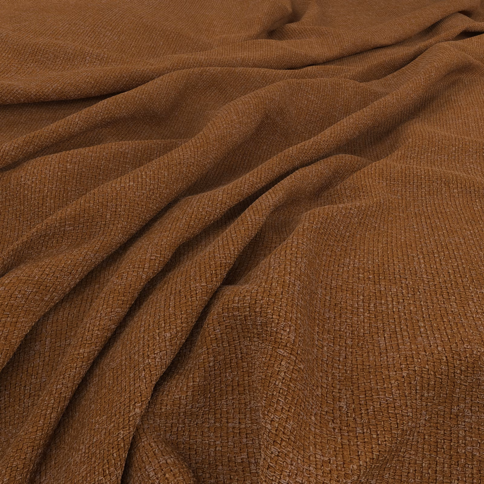 Warm gingernut-brown woven fabric showing fine texture and soft gathered folds