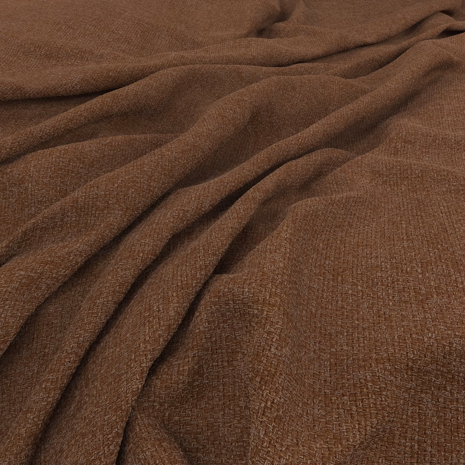 Warm cocoa-brown nubby woven fabric gathered in deep, softly shaded folds