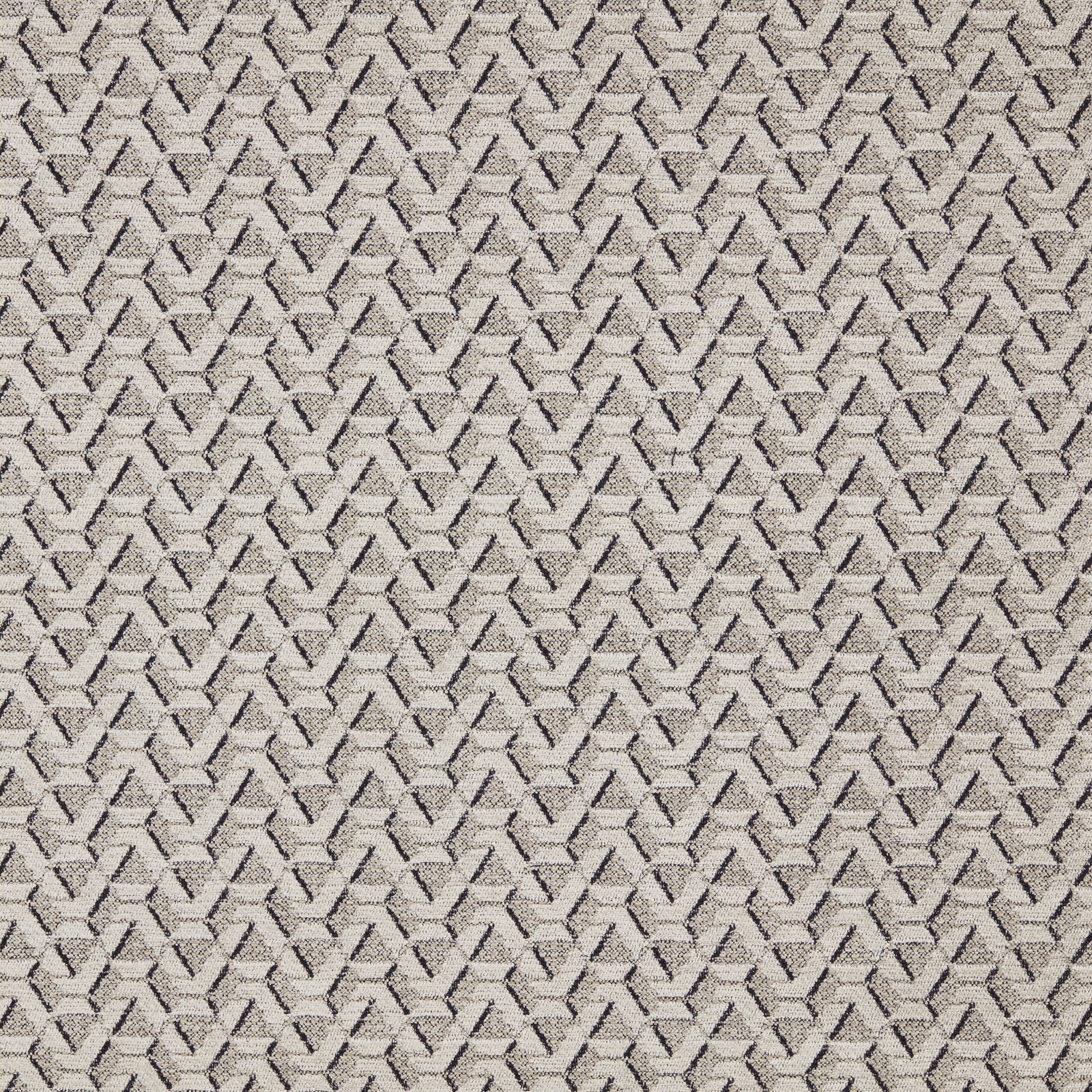 Close-up of grey geometric woven fabric with dark charcoal outlines