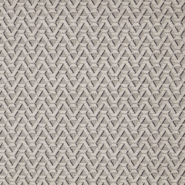 Close-up of grey geometric woven fabric with dark charcoal outlines