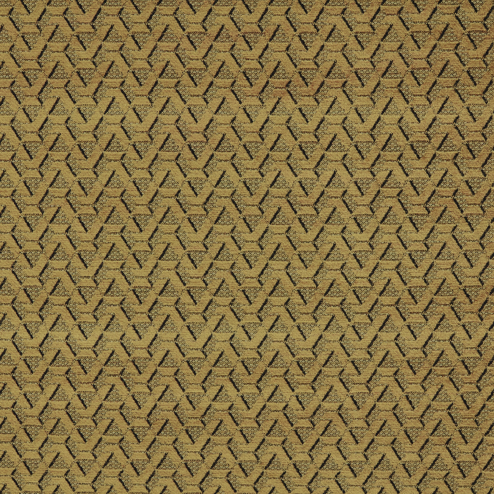Close-up of Saigon Saffron woven fabric in warm gold with dark geometric pattern