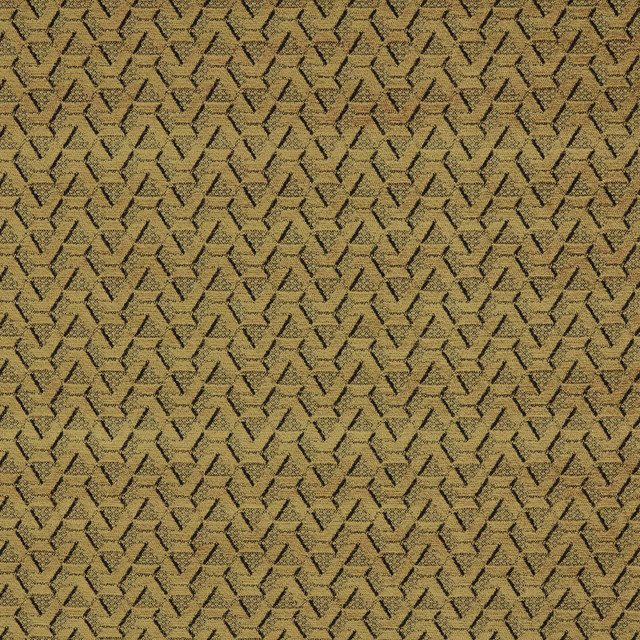 Close-up of Saigon Saffron woven fabric in warm gold with dark geometric pattern