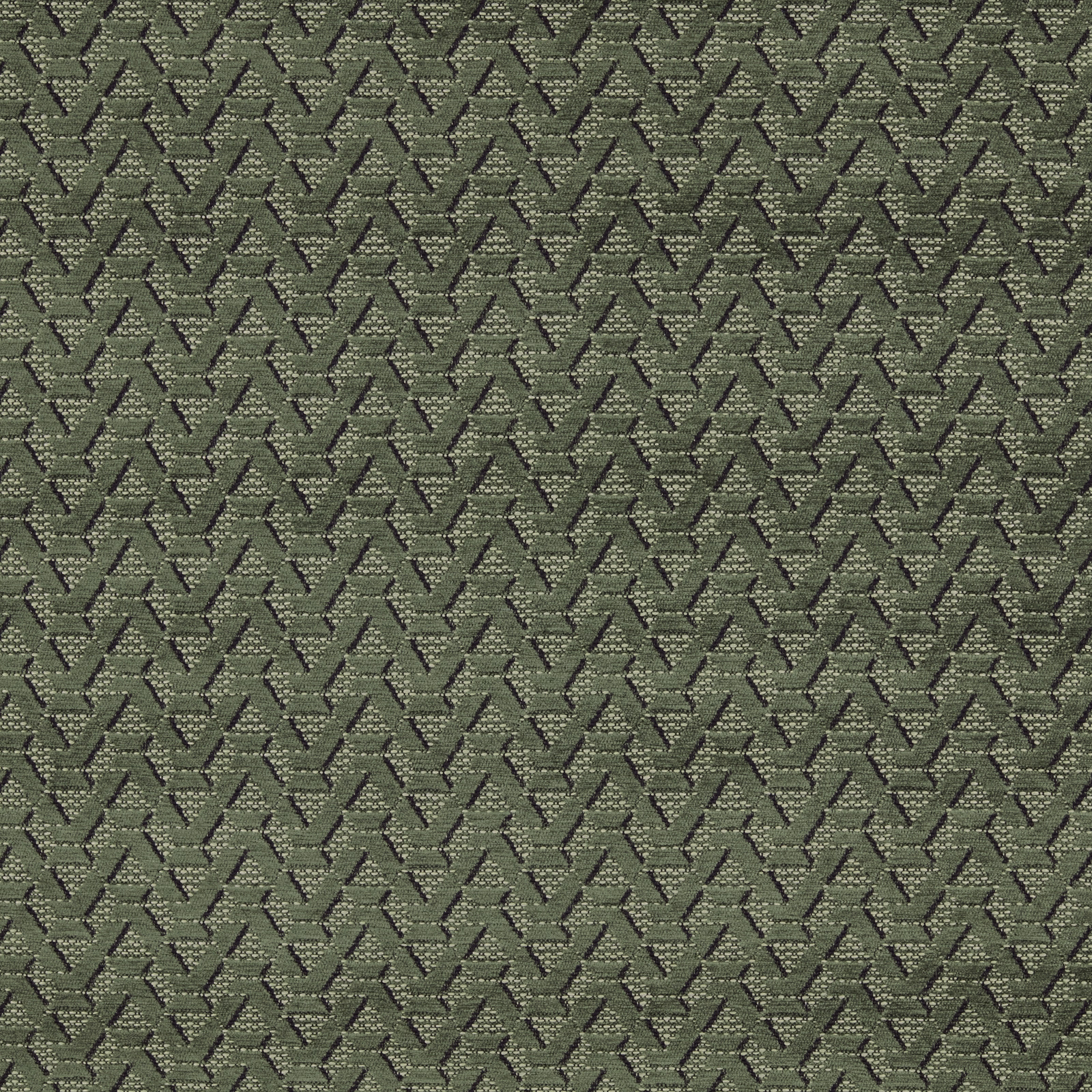 Close-up of muted olive green geometric woven upholstery fabric with dark outlining