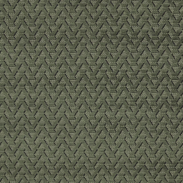 Close-up of muted olive green geometric woven upholstery fabric with dark outlining