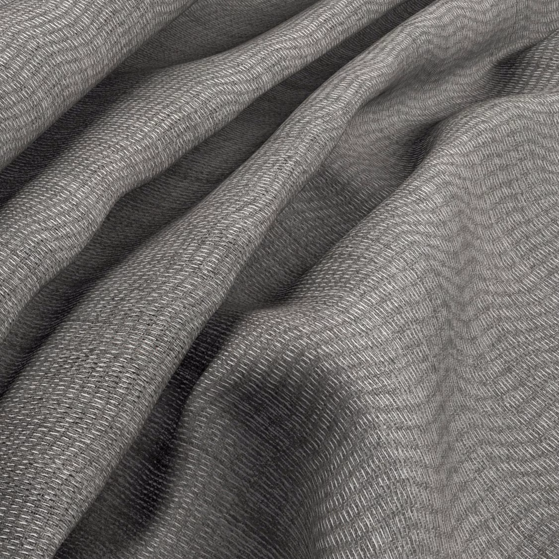 Cool ash grey woven fabric with fine herringbone texture in soft folds