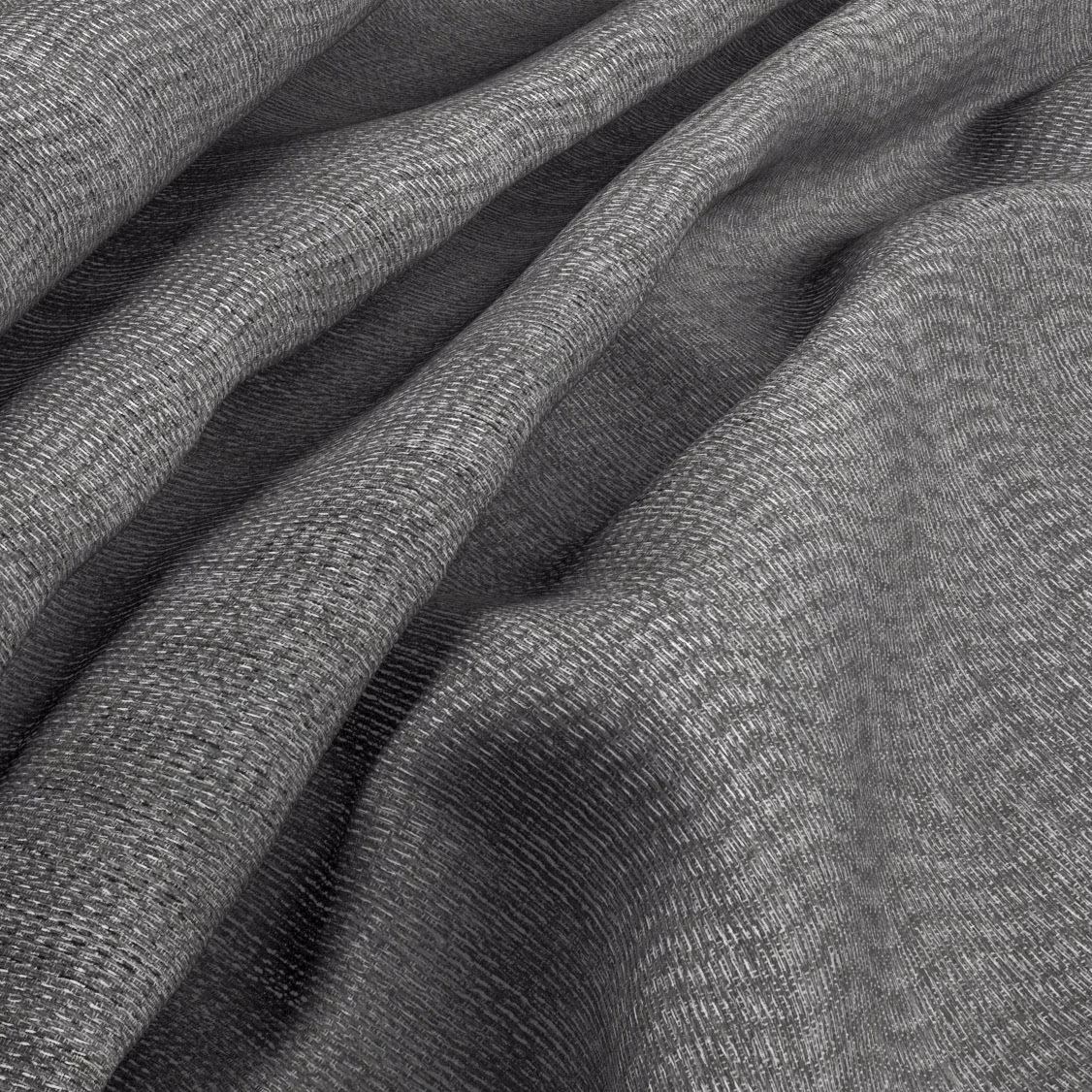 Charcoal-grey woven fabric with fine diagonal texture gathered into soft folds