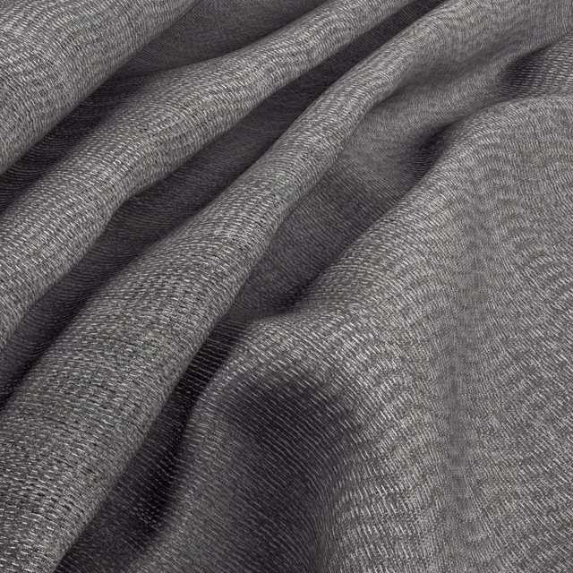 Charcoal-grey woven fabric with fine diagonal texture gathered into soft folds