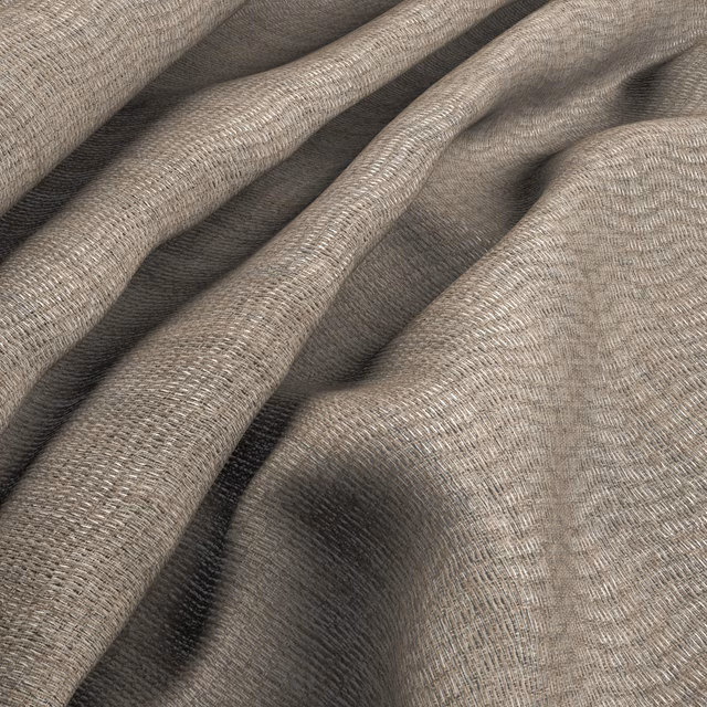 Warm flax taupe fabric with fine irregular woven texture folded into soft dimensional drapes