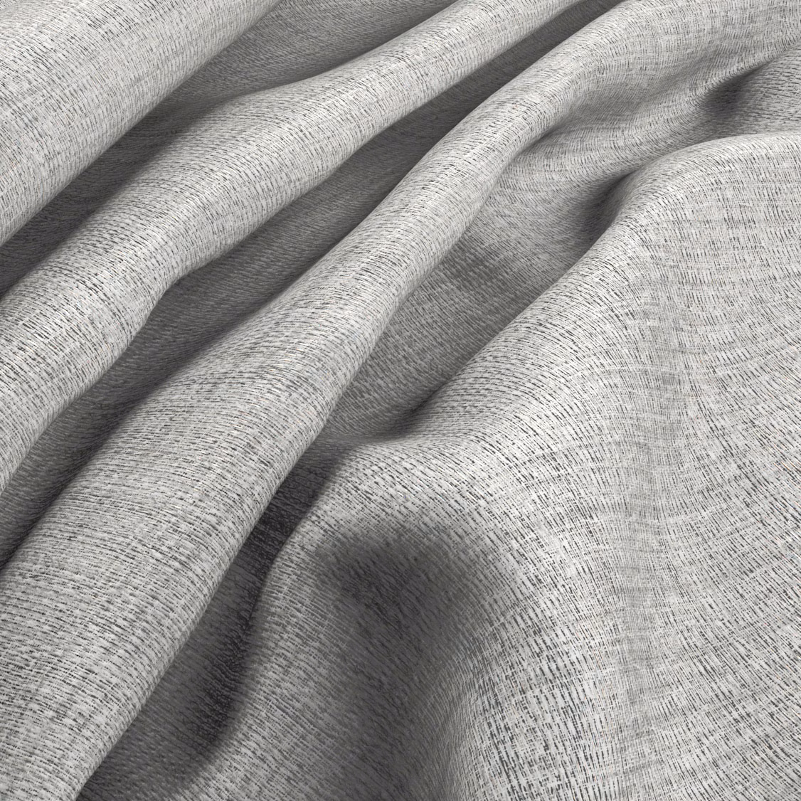 Cool silver-grey fabric with fine charcoal-flecked weave folding into soft ridges