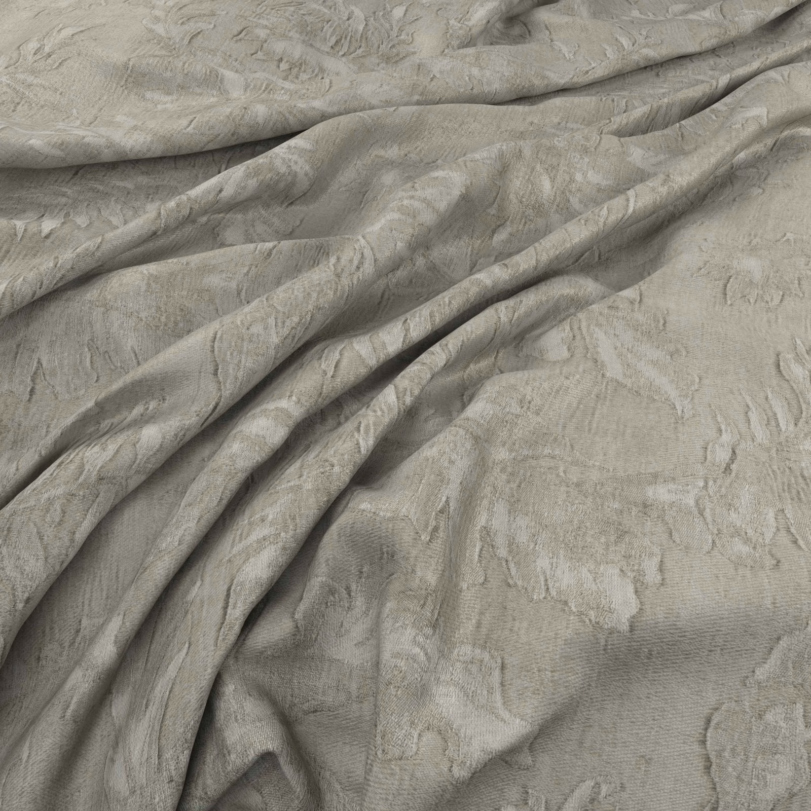 Pale warm-grey fabric with raised organic tracery and soft draped folds