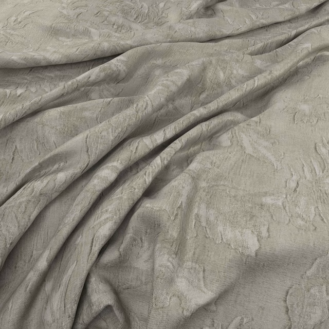 Pale warm-grey fabric with raised organic tracery and soft draped folds