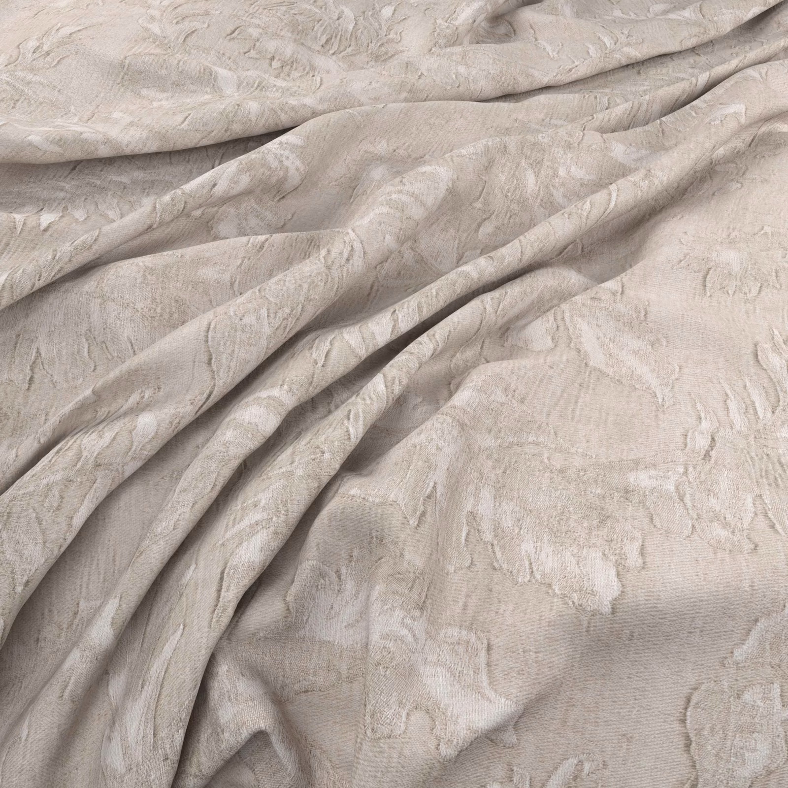 Pale greige Samani fabric with raised organic brush motifs in soft folds