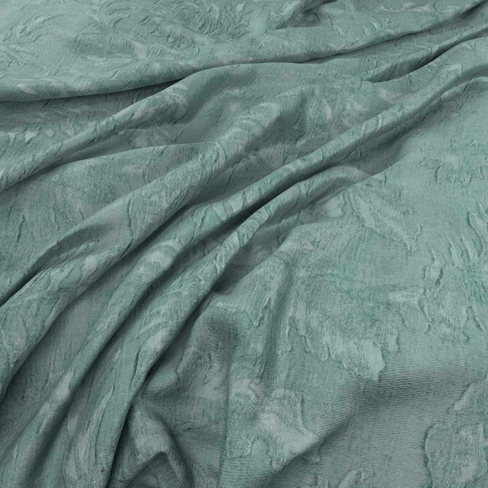 Draped Samani Seaglass fabric in muted sea-green with tonal organic relief