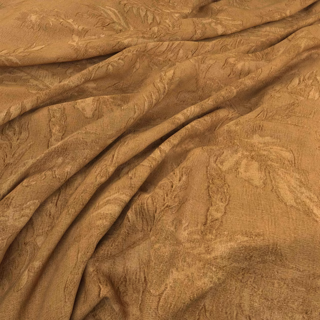 Warm tobacco-brown textile with tonal botanical motifs and softly raised texture