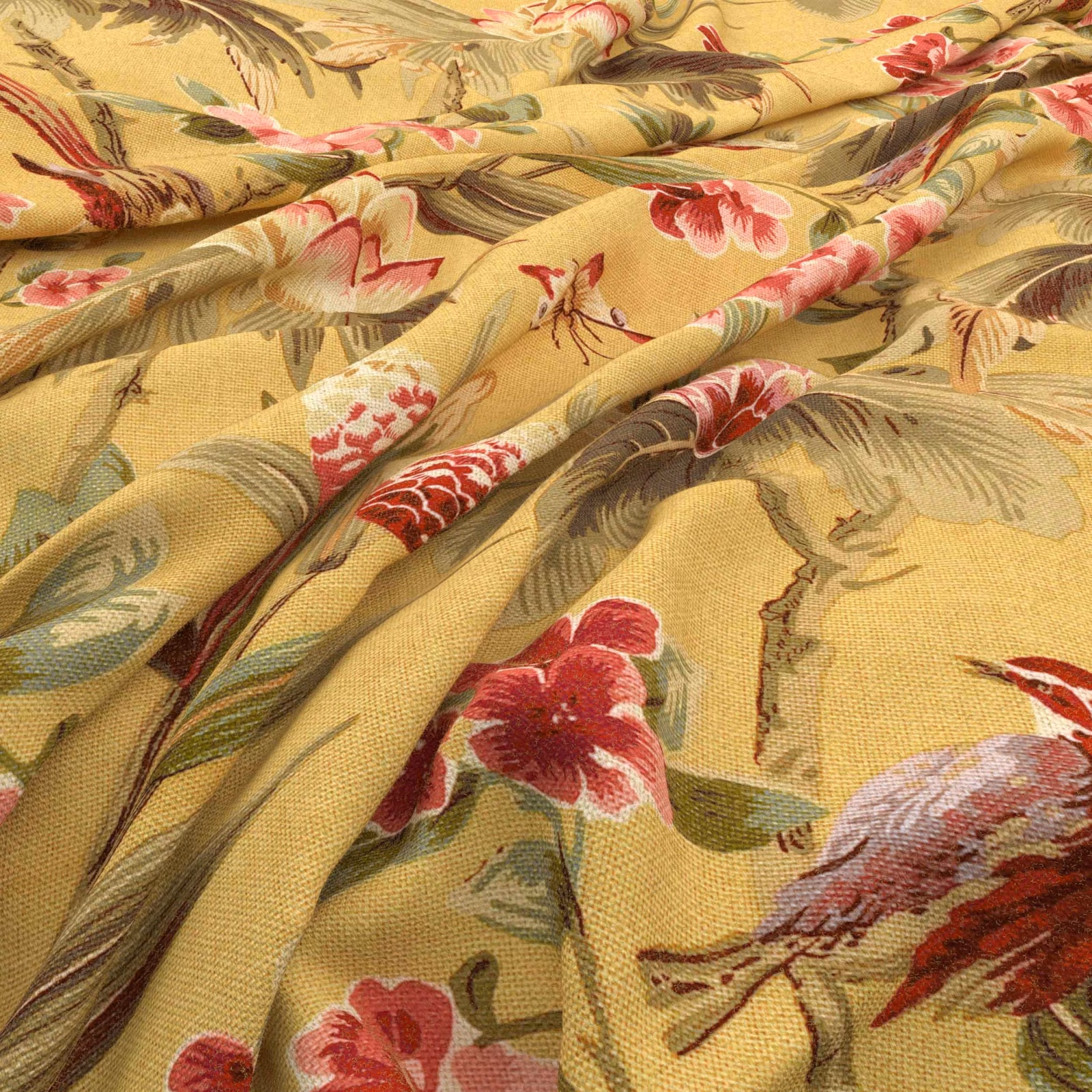Saffron woven floral fabric with red blossoms, olive leaves and fine brown stems
