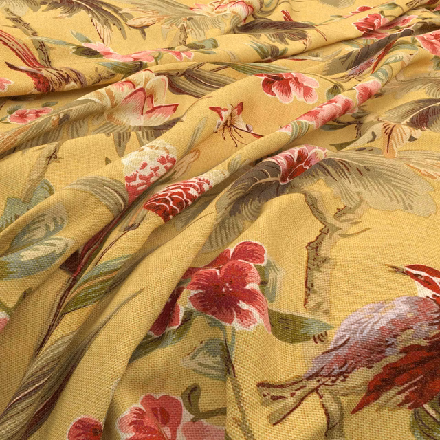 Saffron woven floral fabric with red blossoms, olive leaves and fine brown stems