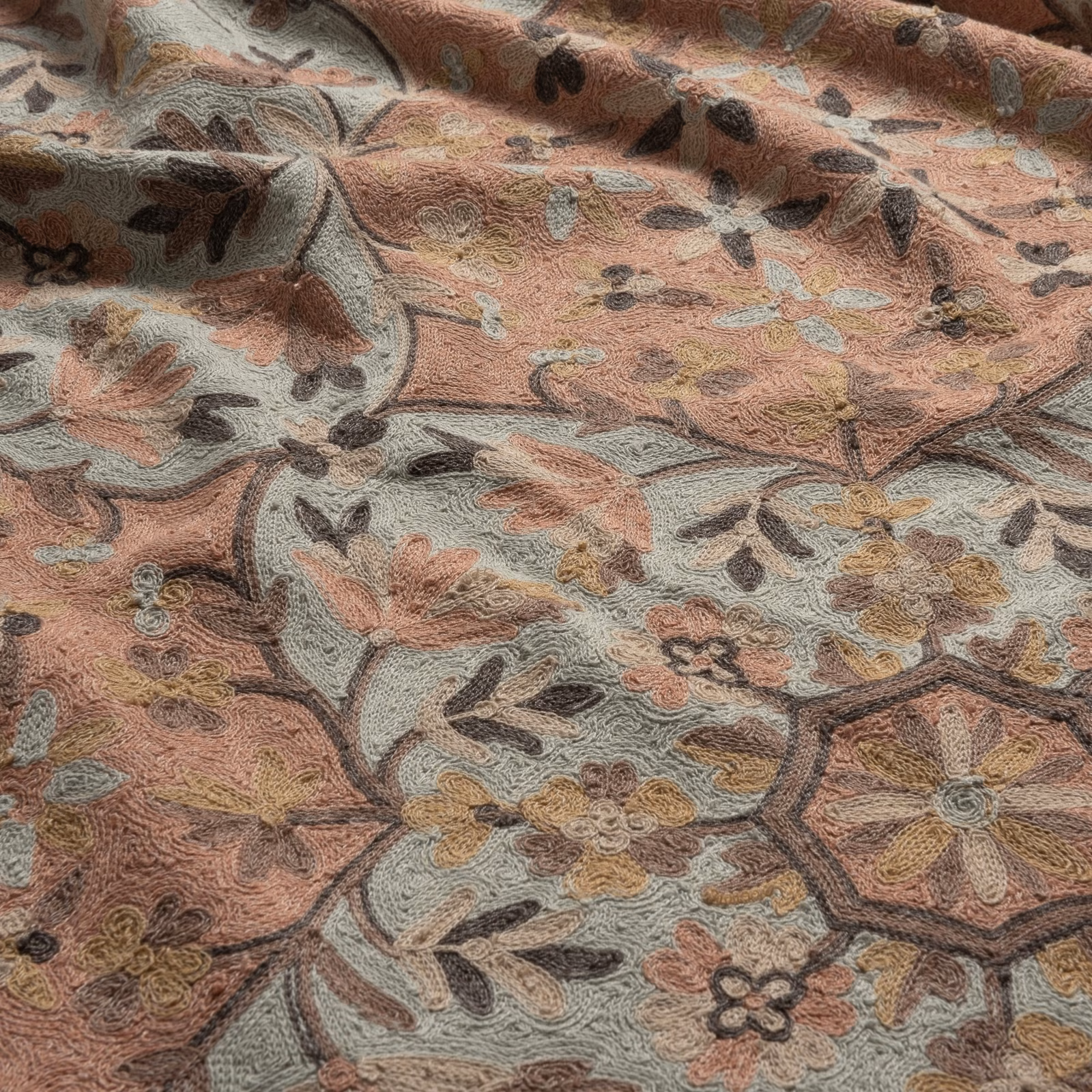 Dusty clay floral jacquard with sage grounds, raised blooms and dark curling stems