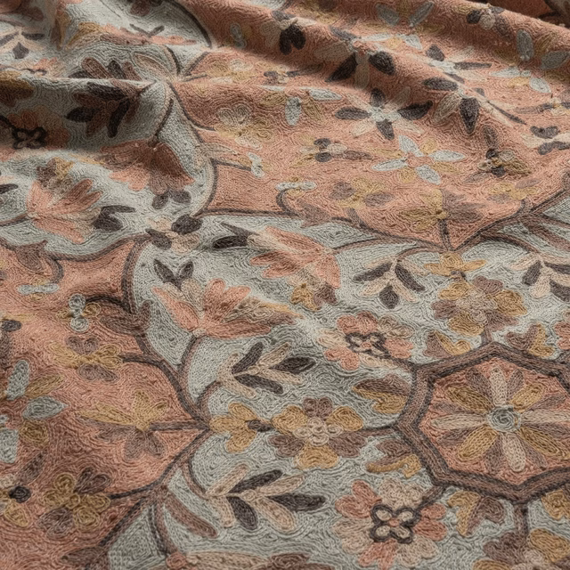 Dusty clay floral jacquard with sage grounds, raised blooms and dark curling stems