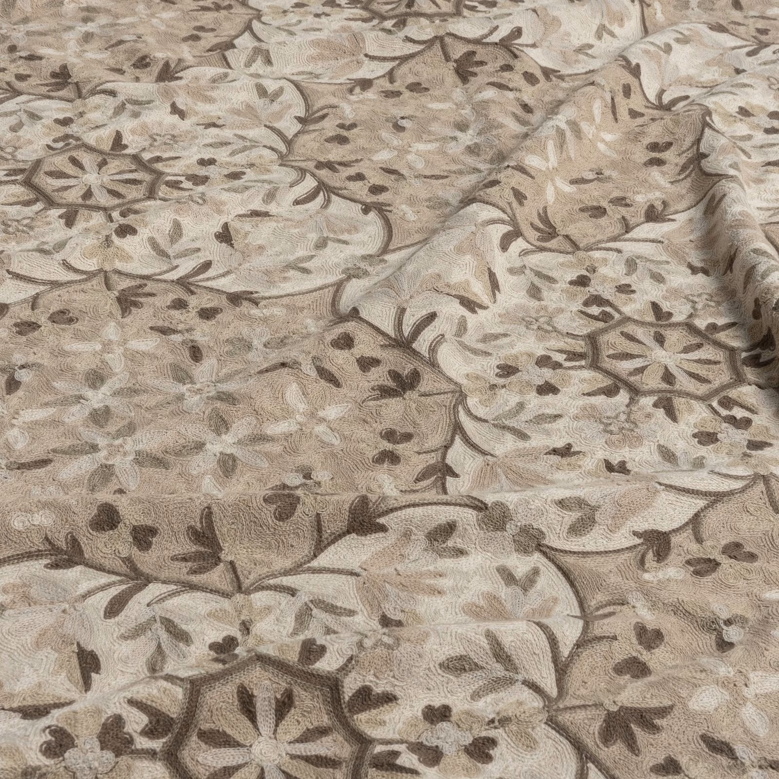 Warm taupe floral fabric with brown vines, pale blossoms and woven texture