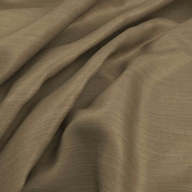 Warm taupe-brass cloth with fine horizontal slubs gathered into soft folds