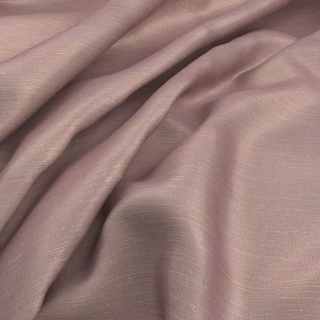 Dusty mauve pink fabric with fine crosshatch weave folded into softly lustrous drapery