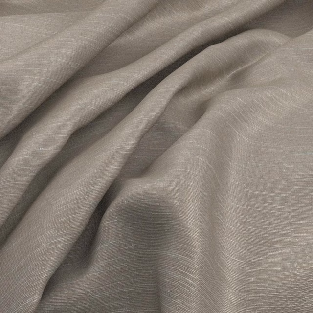 Gathered dove-grey textile showing fine horizontal weave and softly flowing folds