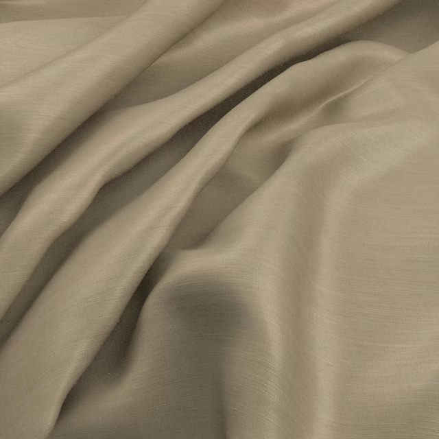 Warm sand-beige fabric with fine weave and softly fluid draped folds