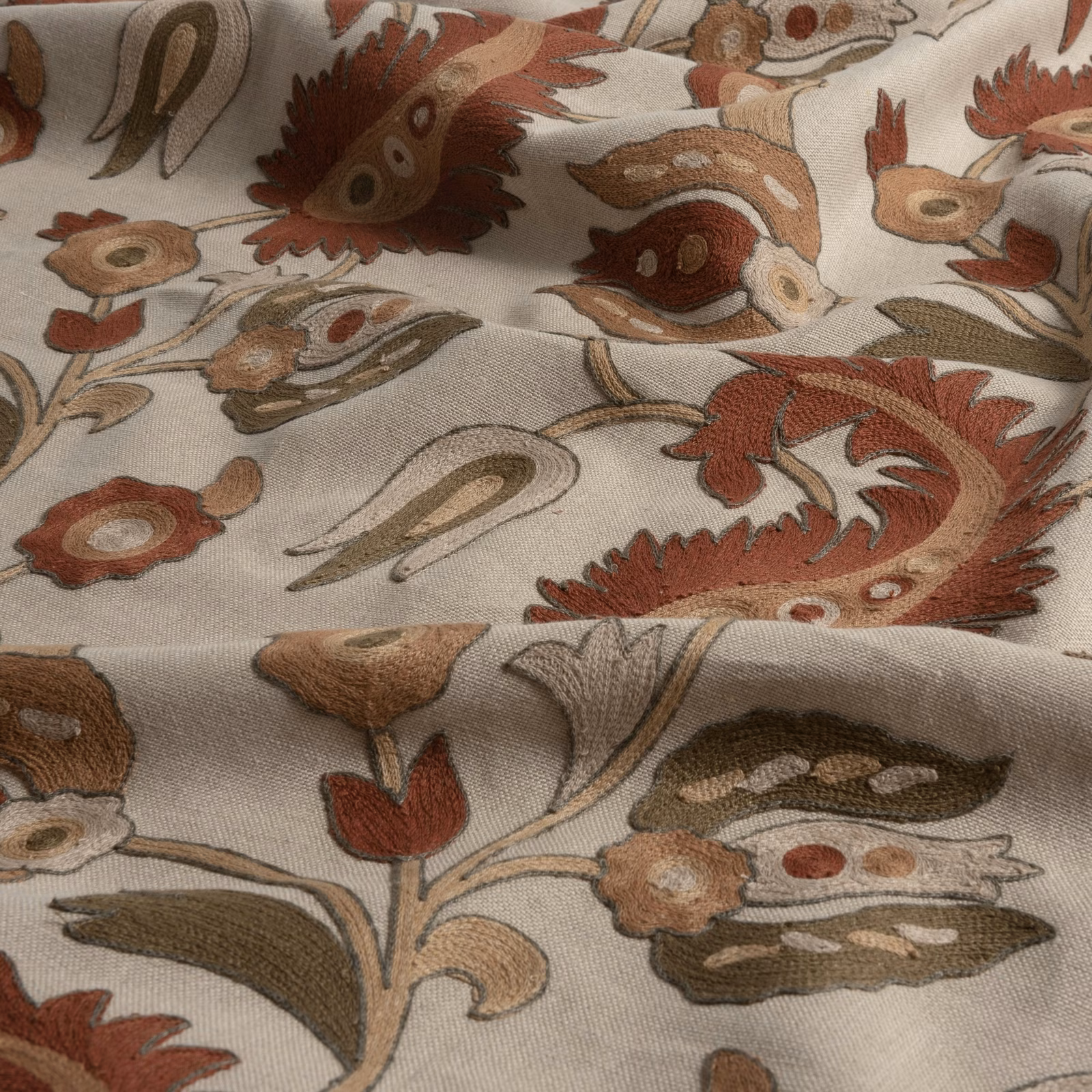 Warm ivory Sarouk textile with rust, olive and brown scrolling botanical motifs