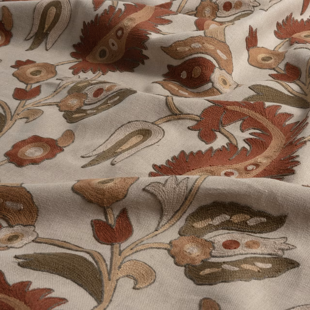 Warm ivory Sarouk textile with rust, olive and brown scrolling botanical motifs