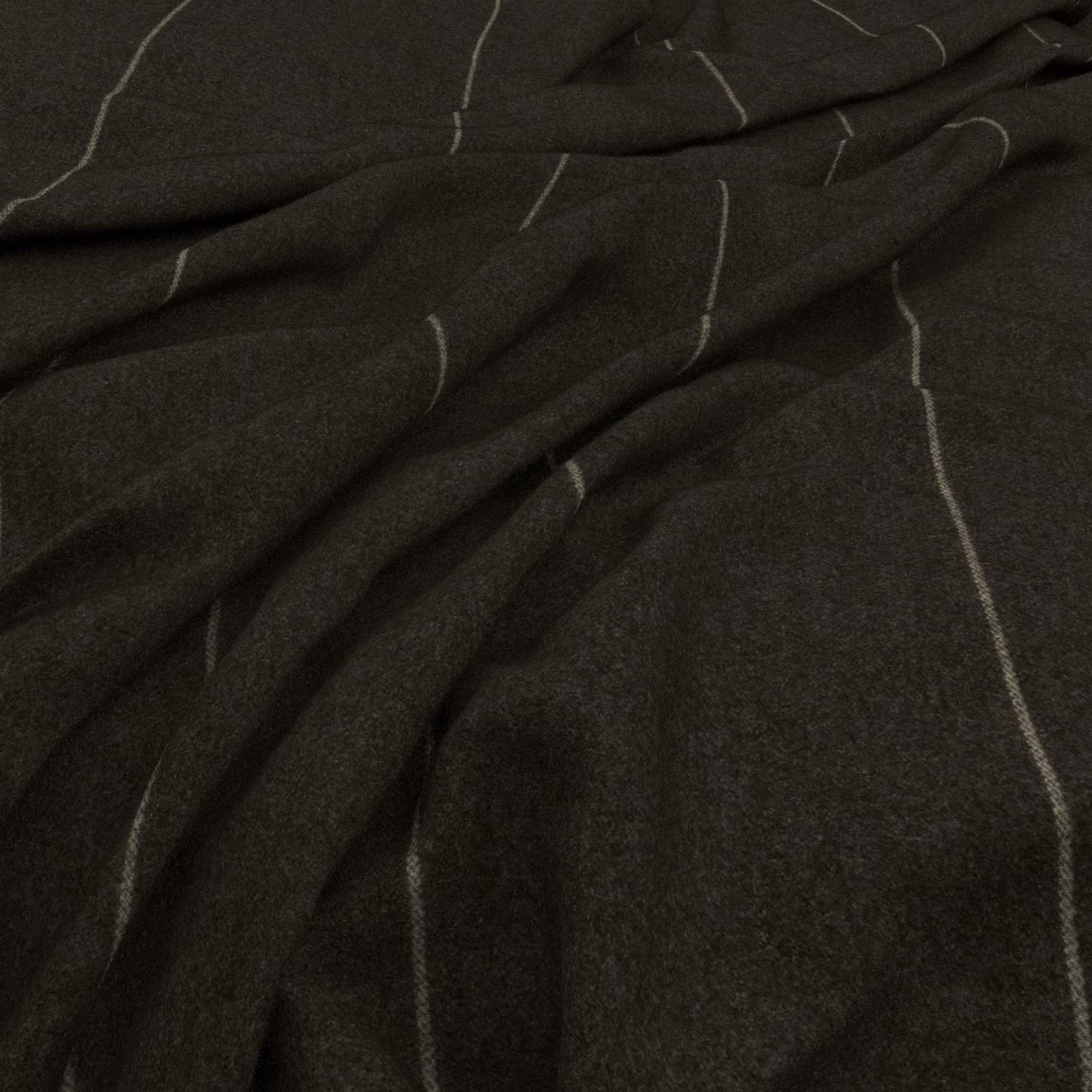 Deep charcoal fabric with fine broken pale-grey lines and soft folded texture