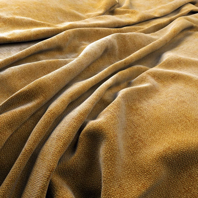 Warm turmeric-gold fabric with fine pile, soft sheen, and deep draped folds