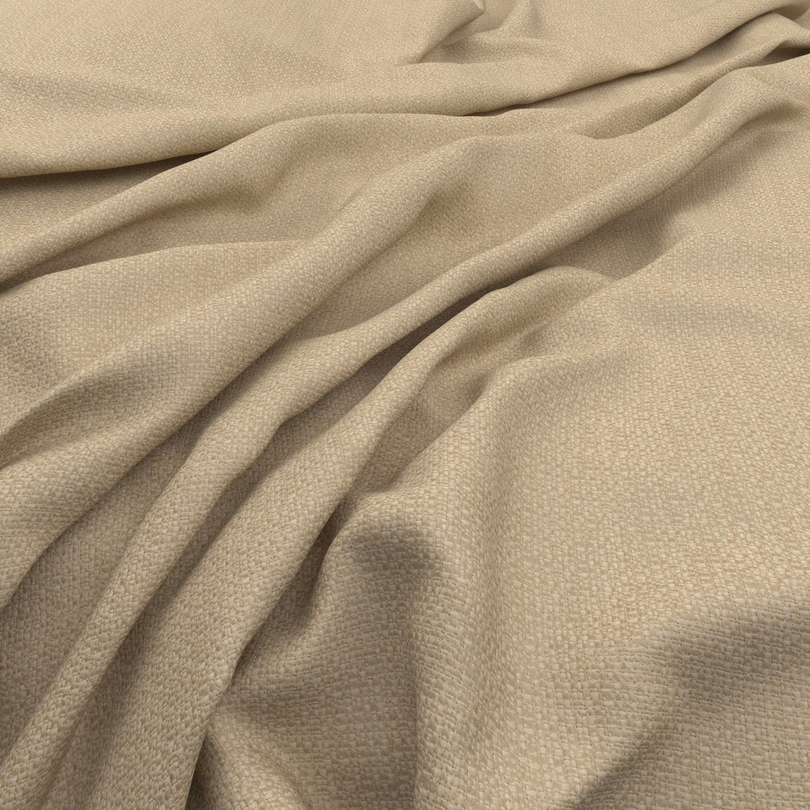 Warm champagne-beige woven fabric with fine texture gathered into soft flowing folds