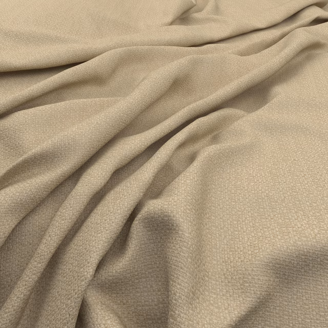 Warm champagne-beige woven fabric with fine texture gathered into soft flowing folds