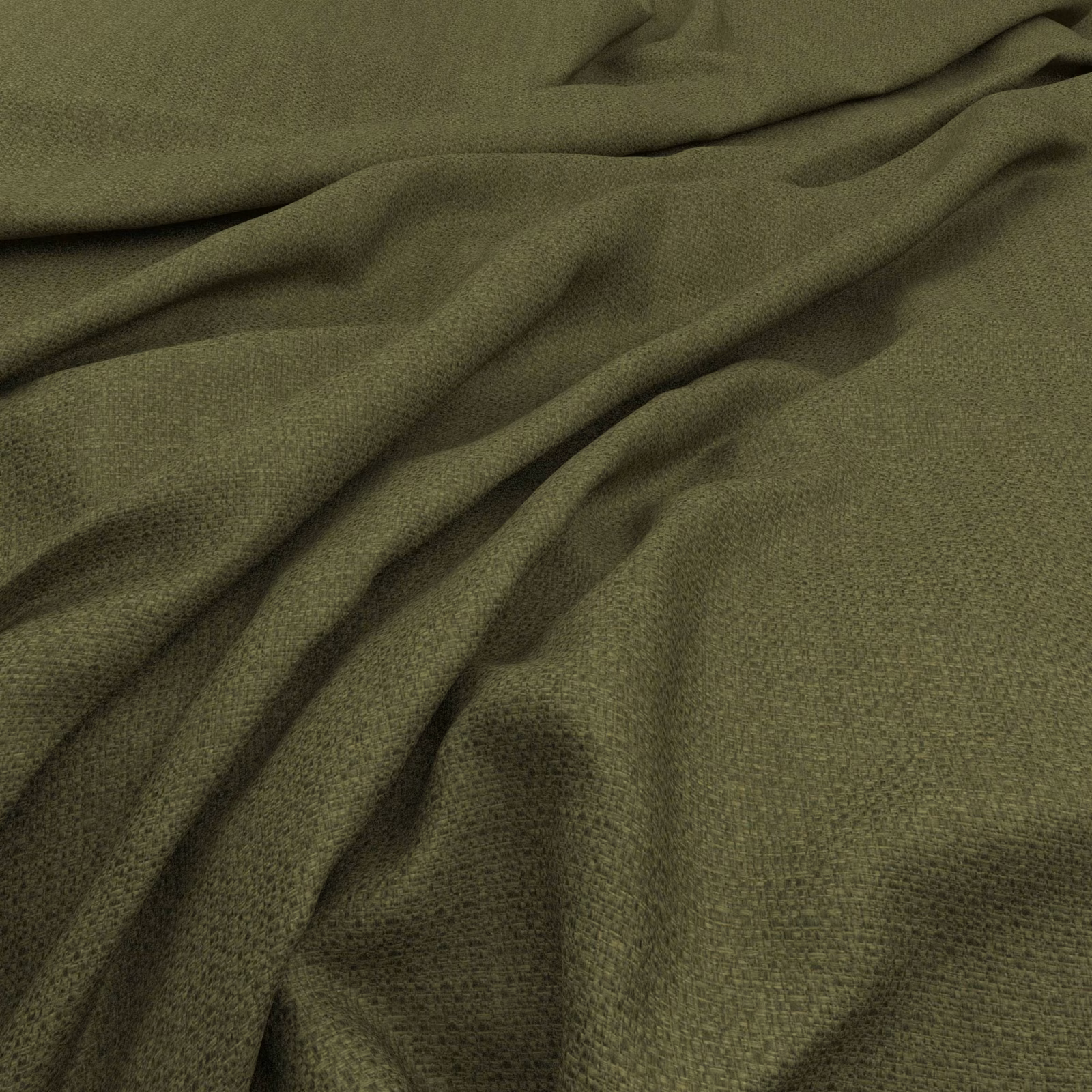 Deep olive green woven fabric gathered into soft folds with fine tactile texture