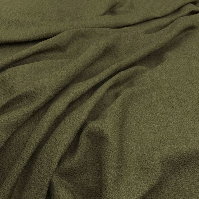 Deep olive green woven fabric gathered into soft folds with fine tactile texture
