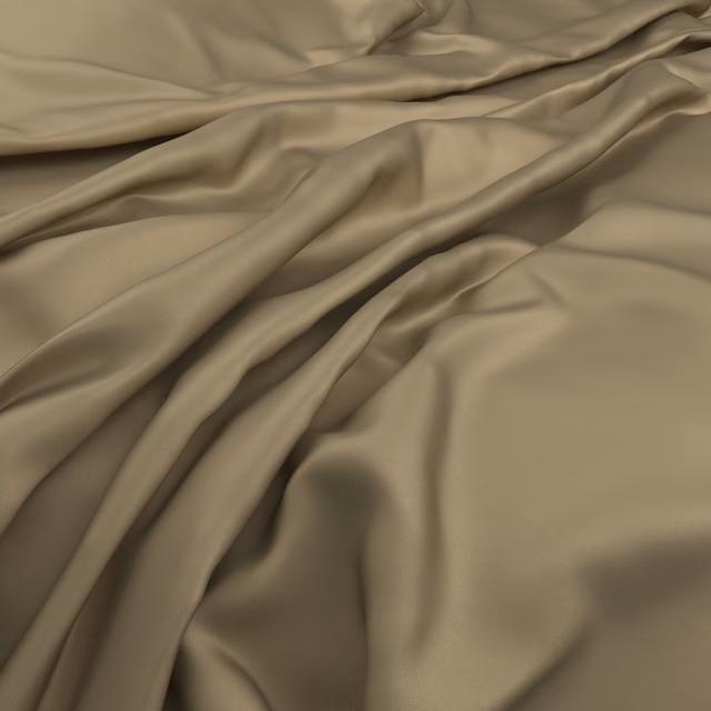 Burnished taupe fabric draped in fluid folds with a smooth, soft lustre