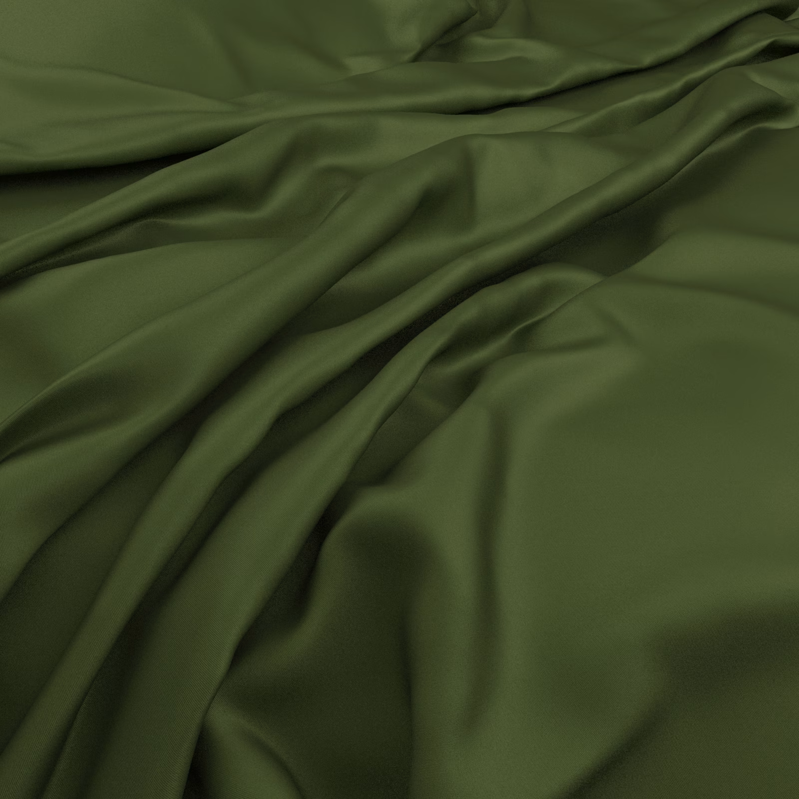 Deep olive green fabric falling in smooth, softly lustrous folds