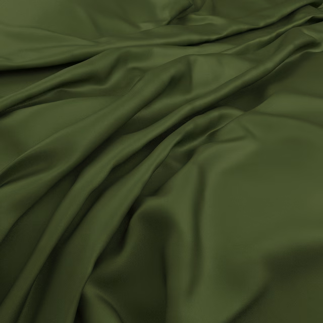 Deep olive green fabric falling in smooth, softly lustrous folds